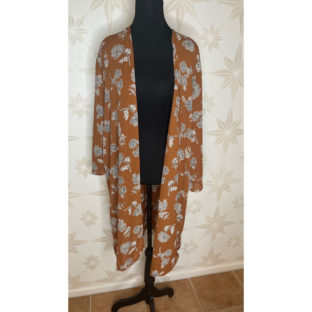 Audrey 3+1 Floral Kimono Cardigan Rust Brown Open Front Longline Duster L/XL